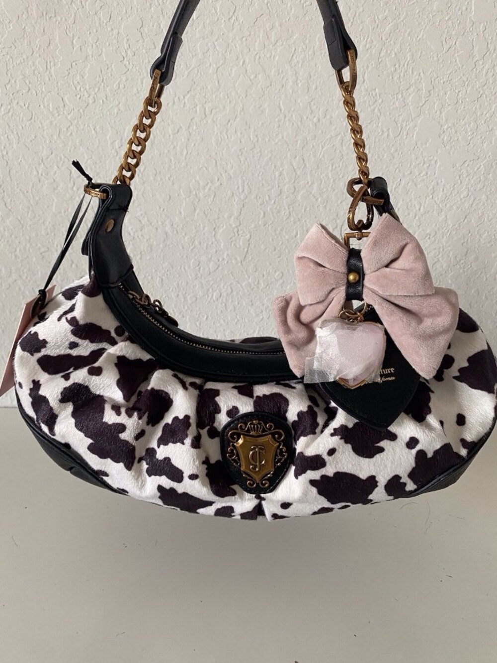 Juicy Couture Romance Cow Print Hobo Coho Bag Liquorice White W/Charm Viral NEW